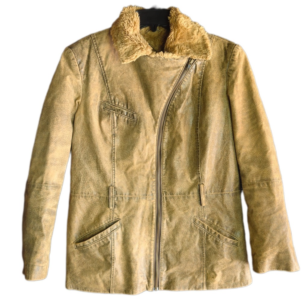 Outbrook Ladies Medium Antique Brown Genuine Leather Asymmetrical Zip Jacket Fur